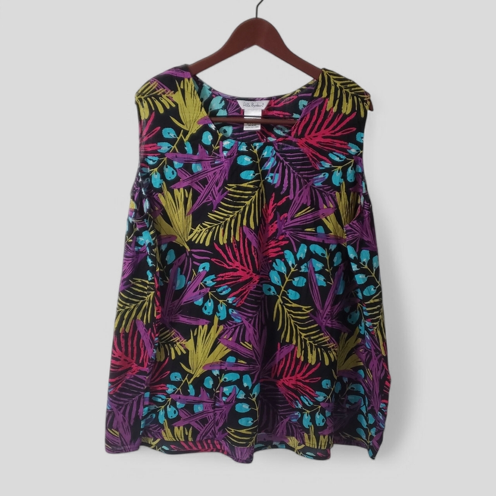 Ulla Popken Sz 28/30 Gauzy Cotton Sleeveless Top Tropical Floral Print Lagenlook